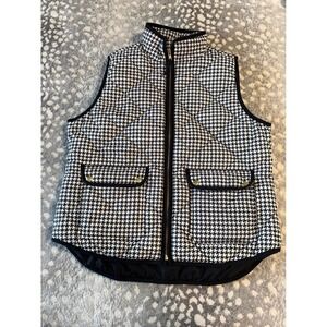 J.Crew Women Black White Houndstooth Quilted Excursion Vest Large Full Zip Gold